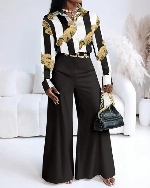 2 Pieces Outfit Long Sleeve Satin Blouse and Casual Floral Print High Waist Wide Leg Pants Set black