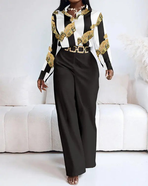 2 Pieces Outfit Long Sleeve Satin Blouse and Casual Floral Print High Waist Wide Leg Pants Set black