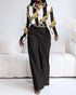2 Pieces Outfit Striped & Golden Floral Print Turn-down Collar Button Front Top and Causal High Waist Elastic Back Waist Wide Leg Pants Set black