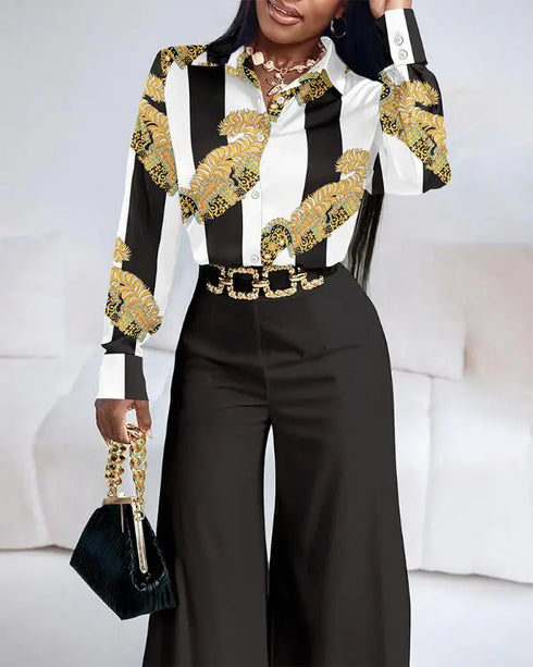 2 Pieces Outfit Long Sleeve Satin Blouse and Casual Floral Print High Waist Wide Leg Pants Set black