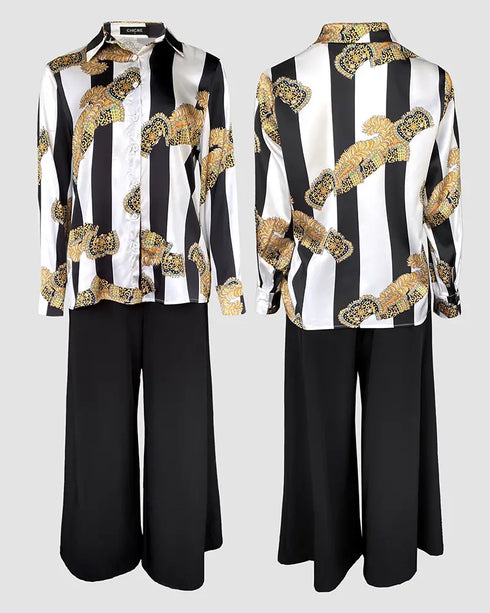 2 Pieces Outfit Long Sleeve Satin Blouse and Casual Floral Print High Waist Wide Leg Pants Set black