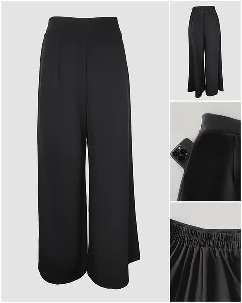 2 Pieces Outfit Striped & Golden Floral Print Turn-down Collar Button Front Top and Causal High Waist Elastic Back Waist Wide Leg Pants Set black