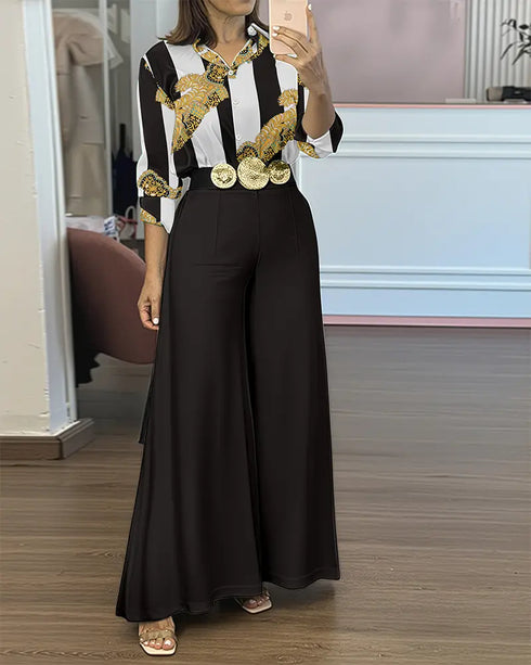 2 Pieces Outfit Striped & Golden Floral Print Turn-down Collar Button Front Top and Causal High Waist Elastic Back Waist Wide Leg Pants Set black