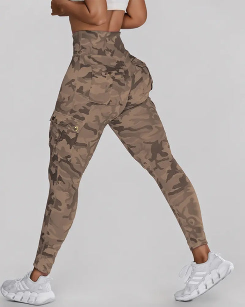 Butt Lifting Leggings with Flap Pockets High Waist Tummy Control Workout Cargo Pants khaki