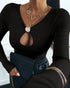 Metal Decor V-Neck Long Sleeve Sexy Hollow-out Slim Fit Top black