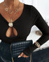 Metal Decor V-Neck Long Sleeve Sexy Hollow-out Slim Fit Top black