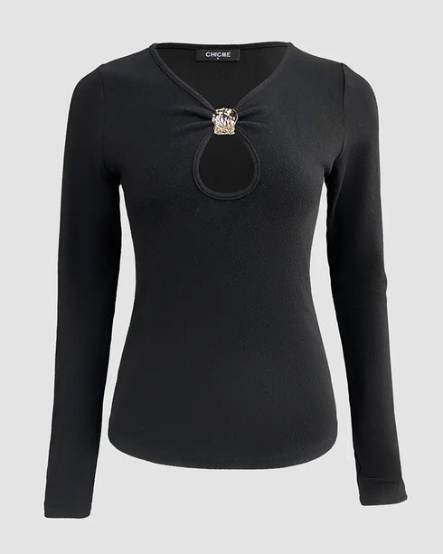 Metal Decor V-Neck Long Sleeve Sexy Hollow-out Slim Fit Top black
