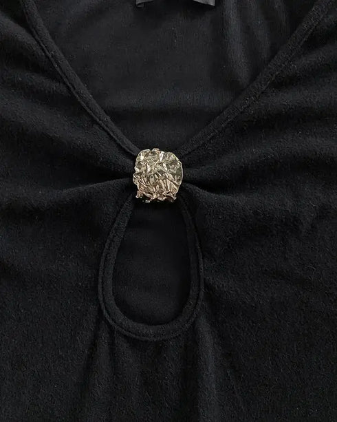 Metal Decor V-Neck Long Sleeve Sexy Hollow-out Slim Fit Top black