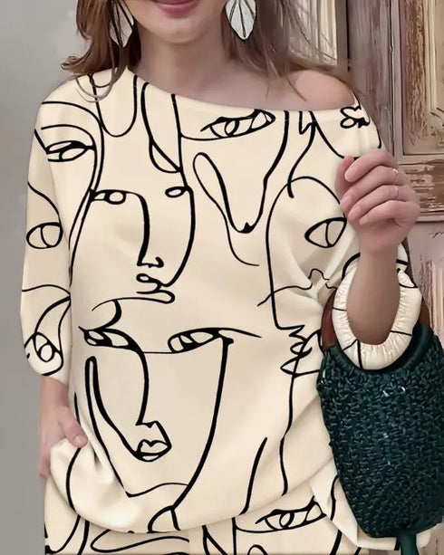 2 Pieces Outfit Floral Print Skew Neck Batwing Sleeve Top and Casual Elastic Wasit Wide Leg Pants Set Apricot