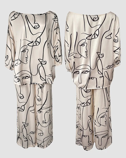 2 Pieces Outfit Floral Print Skew Neck Batwing Sleeve Top and Casual Elastic Wasit Wide Leg Pants Set Apricot