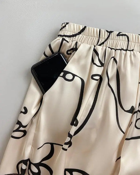 2 Pieces Outfit Floral Print Skew Neck Batwing Sleeve Top and Casual Elastic Wasit Wide Leg Pants Set Apricot