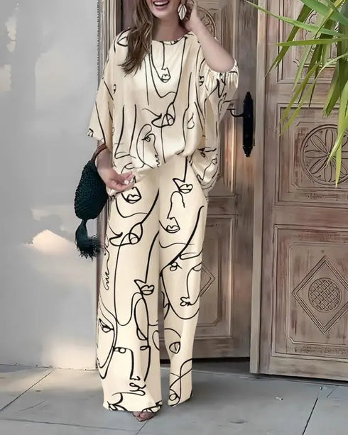 2 Pieces Outfit Floral Print Skew Neck Batwing Sleeve Top and Casual Elastic Wasit Wide Leg Pants Set Apricot