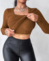 ChicMe Built-in Bra U-Neck Long Sleeve Ribbed Top coffee