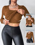 ChicMe Built-in Bra U-Neck Long Sleeve Ribbed Top coffee