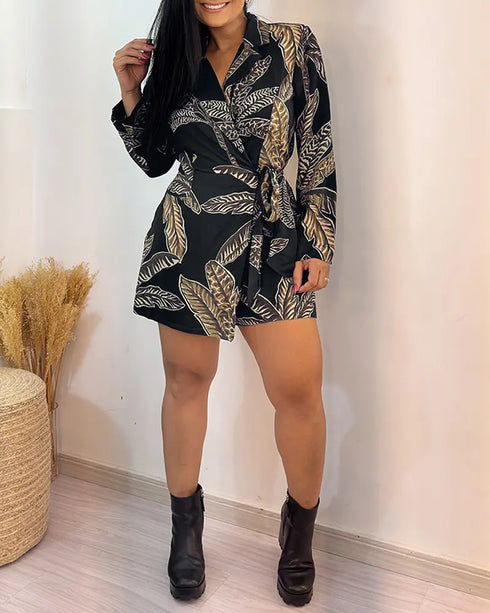 Tropical Print Notched Collar Long Sleeve Romper Casual Tied Detail Blazer Jumppsuit black