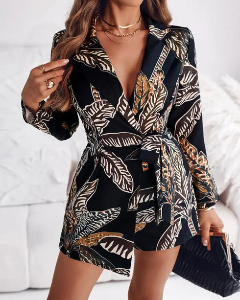 Tropical Print Notched Collar Long Sleeve Romper Casual Tied Detail Blazer Jumppsuit black