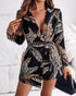 Tropical Print Notched Collar Long Sleeve Romper Casual Tied Detail Blazer Jumppsuit black