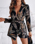 Tropical Print Notched Collar Long Sleeve Romper Casual Tied Detail Blazer Jumppsuit black