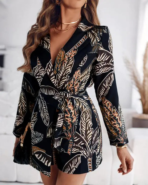 Tropical Print Notched Collar Long Sleeve Romper Casual Tied Detail Blazer Jumppsuit black