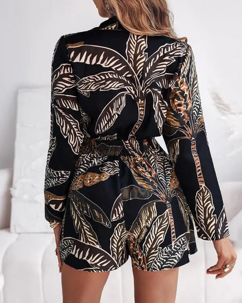 Tropical Print Notched Collar Long Sleeve Romper Casual Tied Detail Blazer Jumppsuit black