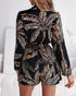 Tropical Print Notched Collar Long Sleeve Romper Casual Tied Detail Blazer Jumppsuit black