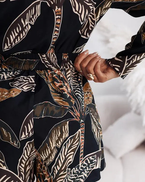 Tropical Print Notched Collar Long Sleeve Romper Casual Tied Detail Blazer Jumppsuit black