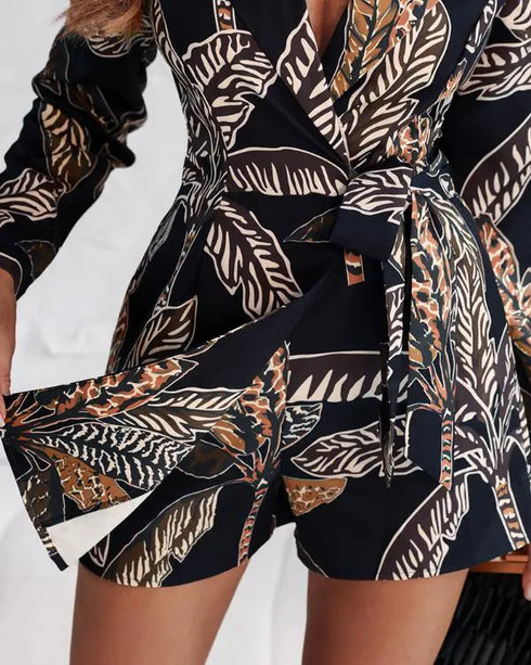 Tropical Print Notched Collar Long Sleeve Romper Casual Tied Detail Blazer Jumppsuit black