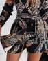 Tropical Print Notched Collar Long Sleeve Romper Casual Tied Detail Blazer Jumppsuit black