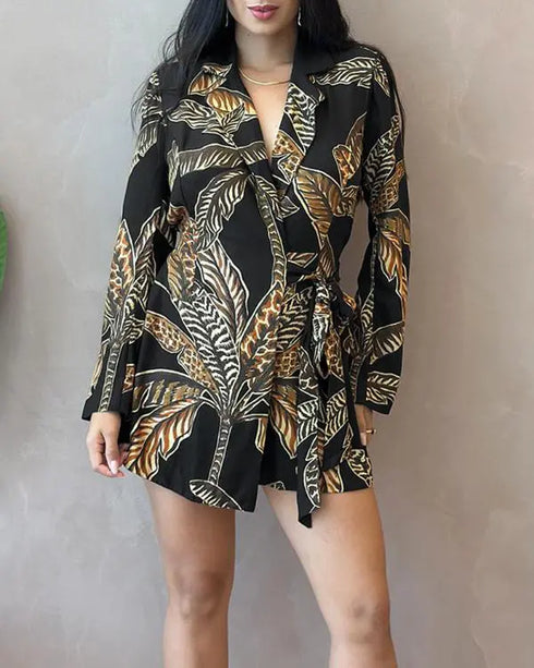 Tropical Print Notched Collar Long Sleeve Romper Casual Tied Detail Blazer Jumppsuit black