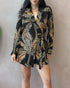 Tropical Print Notched Collar Long Sleeve Romper Casual Tied Detail Blazer Jumppsuit black