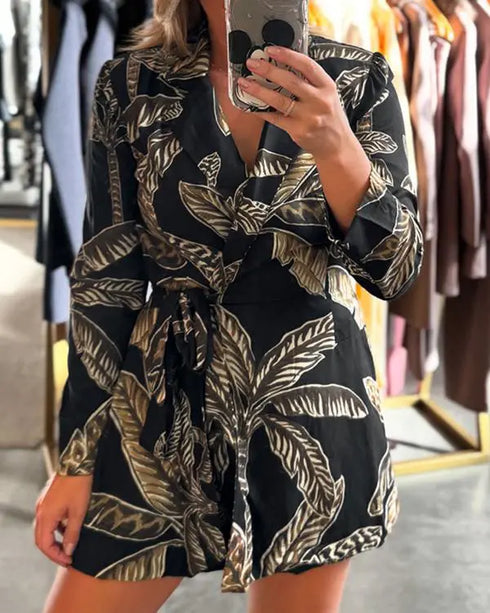 Tropical Print Notched Collar Long Sleeve Romper Casual Tied Detail Blazer Jumppsuit black