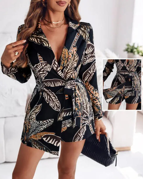 Tropical Print Notched Collar Long Sleeve Romper Casual Tied Detail Blazer Jumppsuit black