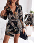 Tropical Print Notched Collar Long Sleeve Romper Casual Tied Detail Blazer Jumppsuit black
