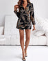 Tropical Print Notched Collar Long Sleeve Romper Casual Tied Detail Blazer Jumppsuit black