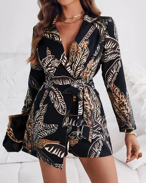 Tropical Print Notched Collar Long Sleeve Romper Casual Tied Detail Blazer Jumppsuit black