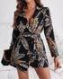 Tropical Print Notched Collar Long Sleeve Romper Casual Tied Detail Blazer Jumppsuit black