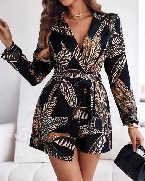 Tropical Print Notched Collar Long Sleeve Romper Casual Tied Detail Blazer Jumppsuit black