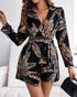 Tropical Print Notched Collar Long Sleeve Romper Casual Tied Detail Blazer Jumppsuit black