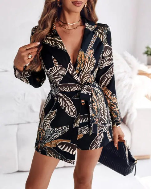 Tropical Print Notched Collar Long Sleeve Romper Casual Tied Detail Blazer Jumppsuit black