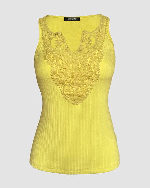 Contrast Lace V Neck Sleeveless Knit Top Casual Slim Fit Tank yellow