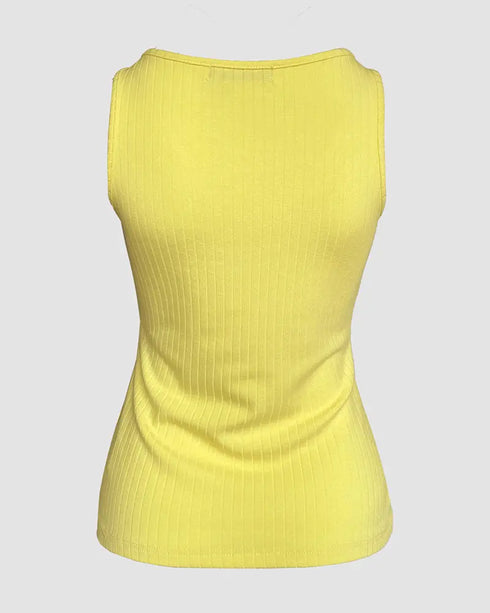 Contrast Lace V Neck Sleeveless Knit Top Casual Slim Fit Tank yellow