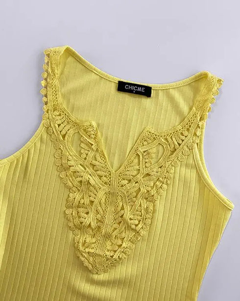 Contrast Lace V Neck Sleeveless Knit Top Casual Slim Fit Tank yellow