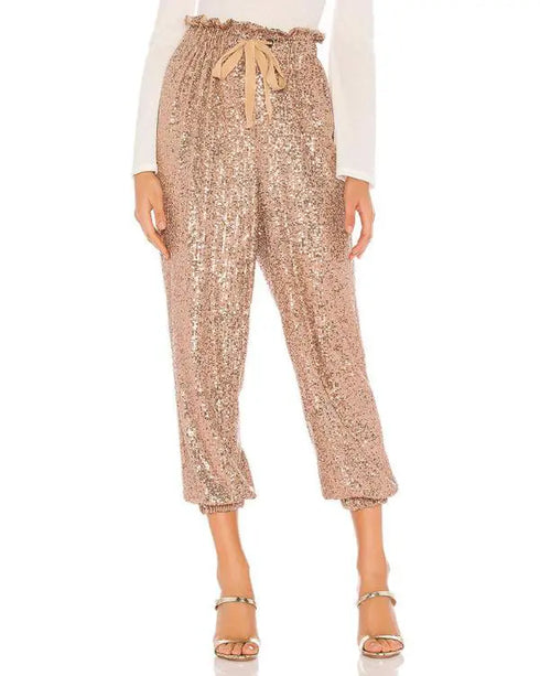 Drawstring Design Allover Shiny Sequins Cuffed Pants Partywear rose gold
