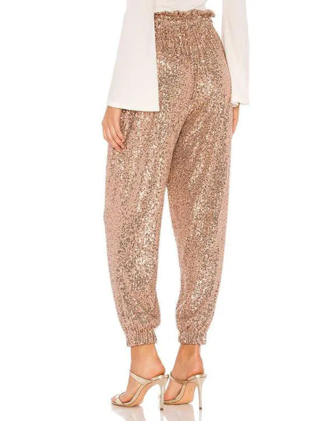 Drawstring Design Allover Shiny Sequins Cuffed Pants Partywear rose gold
