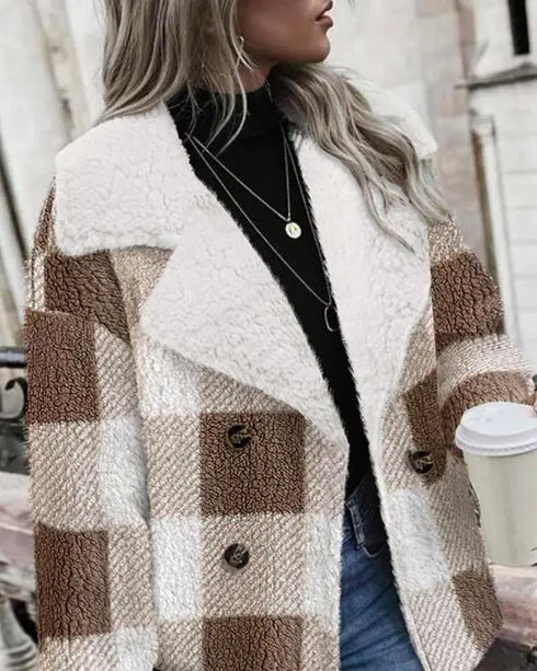 Plaid Print Double Breasted Teddy Coat brown