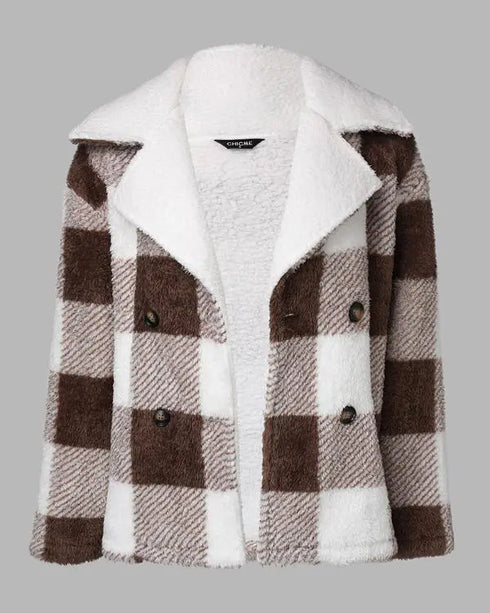 Plaid Print Double Breasted Teddy Coat brown