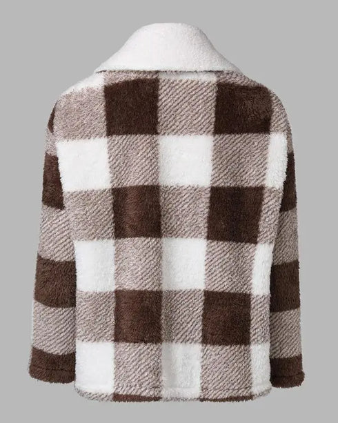 Plaid Print Double Breasted Teddy Coat brown