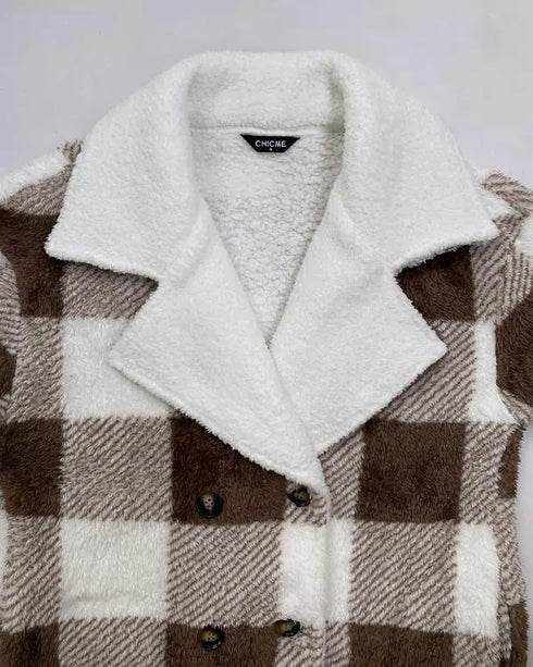 Plaid Print Double Breasted Teddy Coat brown