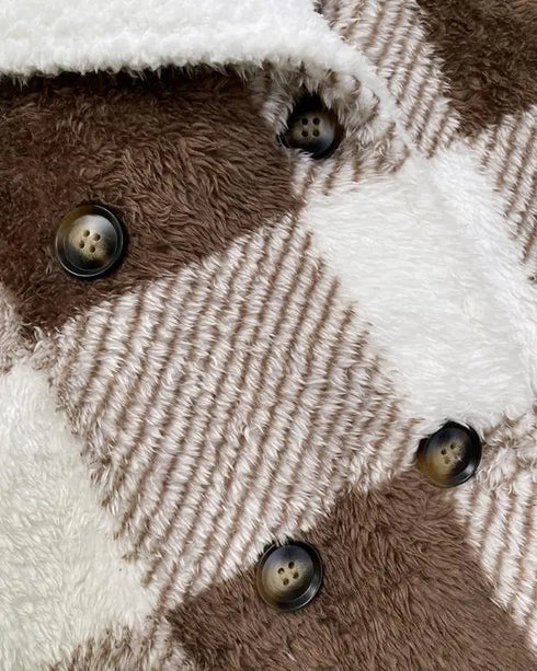 Plaid Print Double Breasted Teddy Coat brown