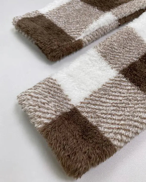 Plaid Print Double Breasted Teddy Coat brown